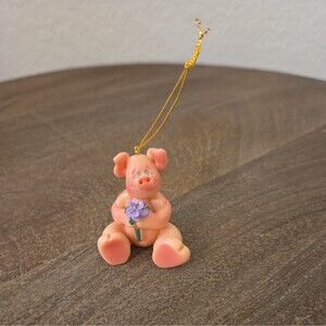 Vintage Mini Munchkins Pig with Purple Flower Christmas Ornament 1993